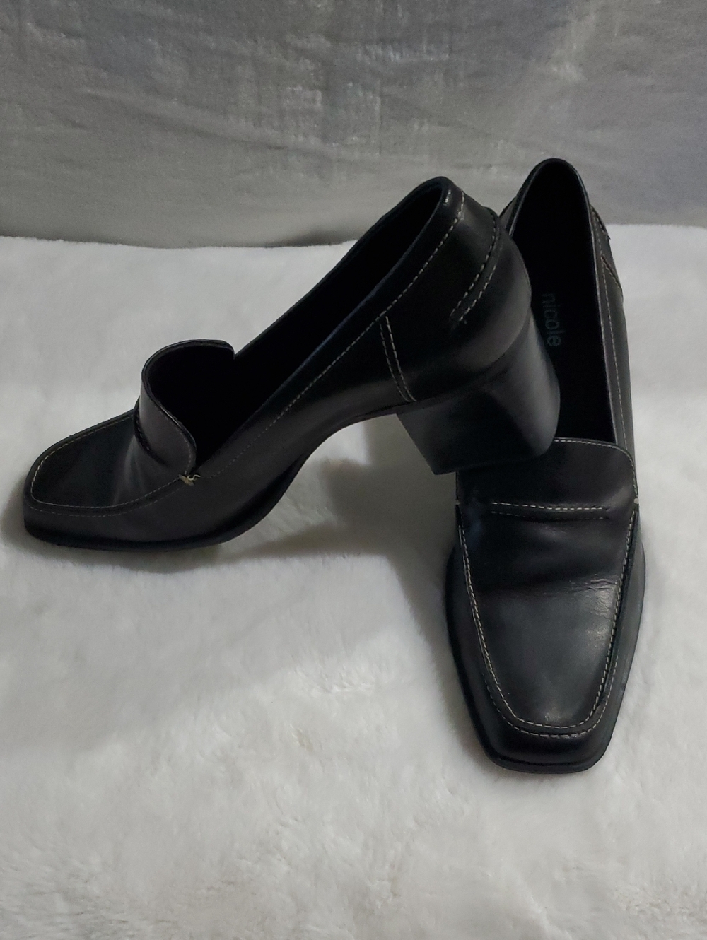 Nicole Black Leather Square-Toe Loafers with Block Heel